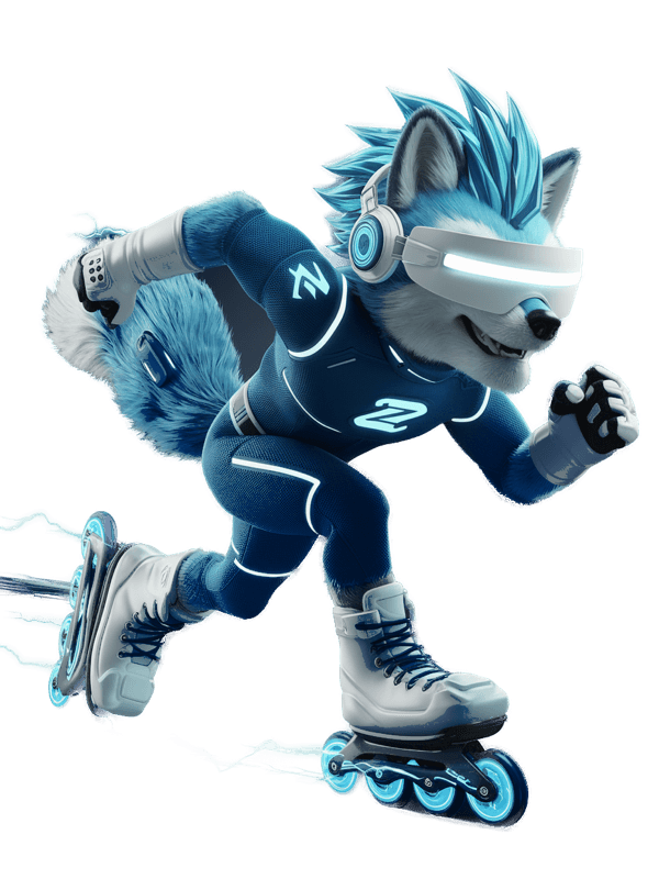 Zultrón, mascota oficial de Zulcom, lobo cyber azul con visor — plan Básico 450 Mbps